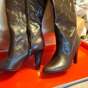 Coach Dark Brown Embossed Leather Mid-Calf Heeled Boots